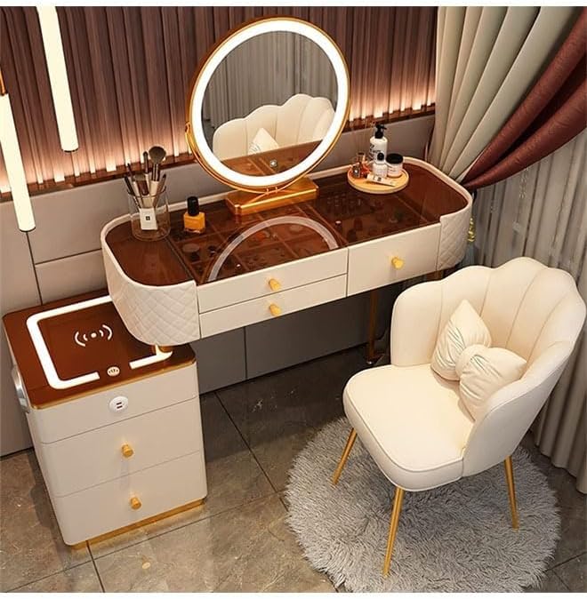 Makeup Vanity Table Dressing Table Flip Mirror With Drawers And Chair With BT Speaker,wireless charger and USB port