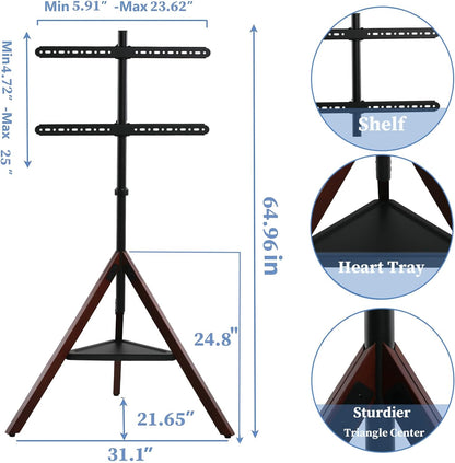 Tripod TV Stand with Mount - Non-Slip TV Mount Stand for Floor, Universal Fit,32" to75" TVs, Height Adjustable W/180 Degree Swivel, TV Stand for Bedroom, Living Room (DSJZJ-A)