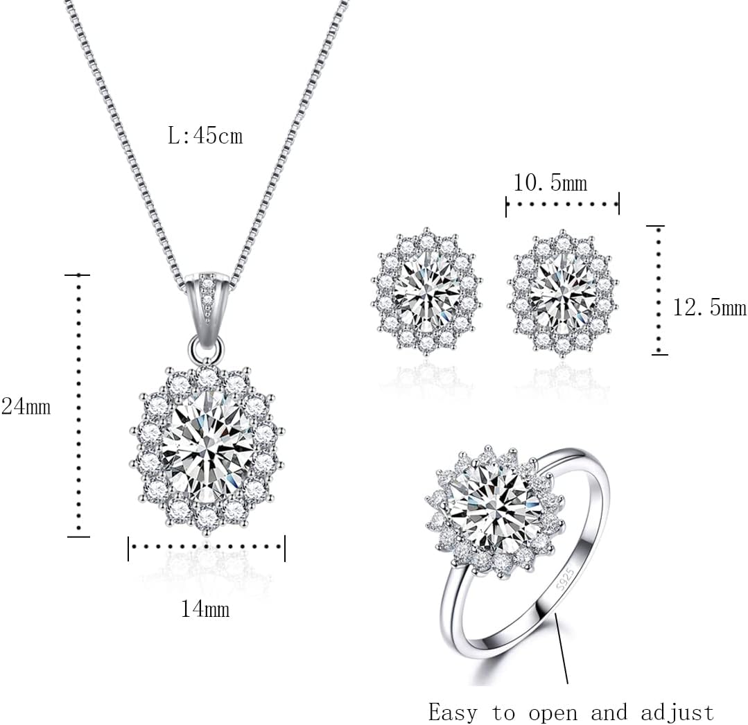 Cangall Silver Women's Jewellery Set, 925 Sterling Silver Necklace Earrings Ring Set, Silver Princess Diana Jewellery Set with AAAAA Cubic Zirconia, Silver Luxury Wedding Jewellery Set, Birthday Gift