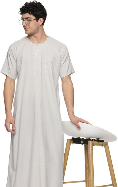 Men's Round Neck Short Sleeves Jalabiya | Breathable Kaftan Style Thobe for Comfort & Elegance