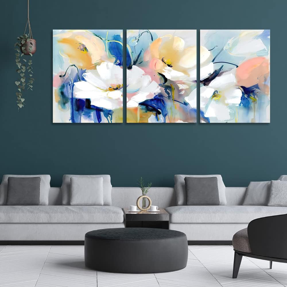 UNBRUVO Modern Flower Canvas Poster Prints Abstract Floral Wall Art Painting Pictures Office Home Decor 3 Pieces Framed Art Print Decoration Artwork for Living Room Bedroom(36”Wx16”H)