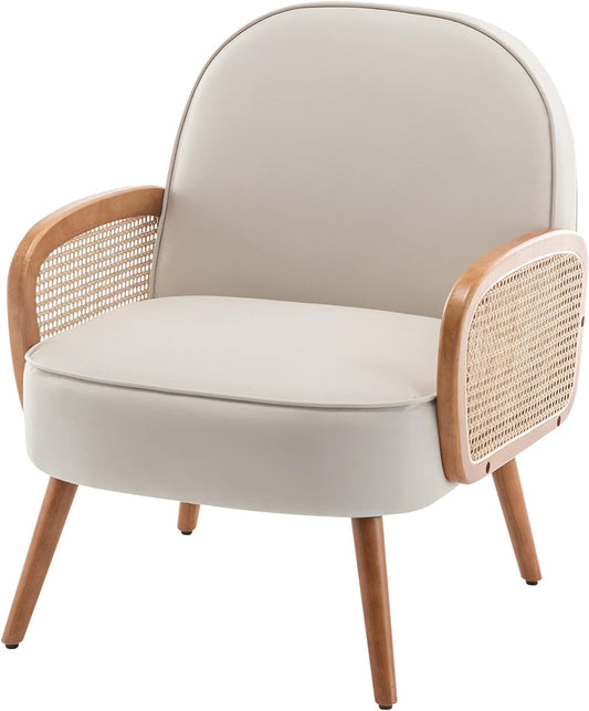 SHINEBOOM Accent Chairs Rattan Comfy Upholstered Modern Arm Chair for Living Room Reading Bedroom Balcony Faux Leather Chair, Beige