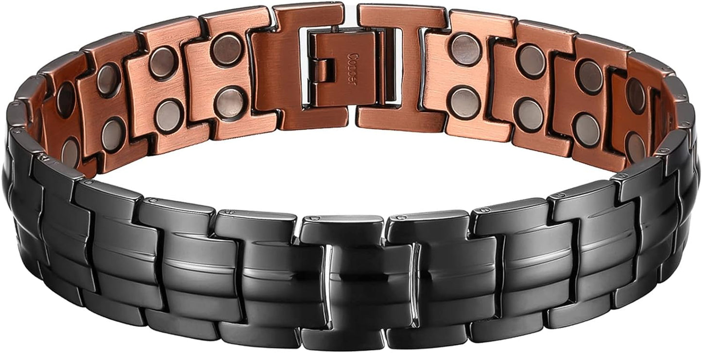 PUJANE Mens Magnetic Bracelet, 99.99% Solid Copper Double Row 46 Piece Magnets Energy Bracelets, Ultra Strength 3500 Gauss Magnetic Jewelry Gift with Adjustment Tool (Black)