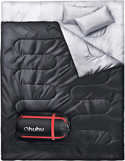 Sleeping Bags for Adults, Ohuhu Double Sleeping Bag with 2 Pillows Waterproof Sleeping Bag for Kids 2 Person Cold Weather Sleeping Bags for Family Teens Camping Backpacking Hiking Outdoor