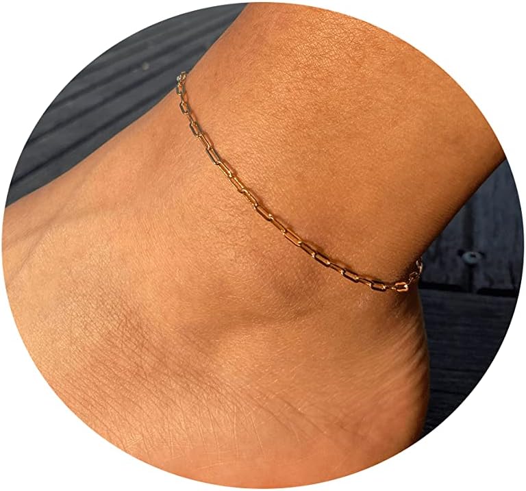 Tasiso Dainty Ankle Bracelets for Women 14K Gold Plated Paper Clip Figaro Satellite Beaded Link Chain Anklets Simple Cuban Lip Chain Anklet Bracelet Summer Beach Foot Jewelry Gift