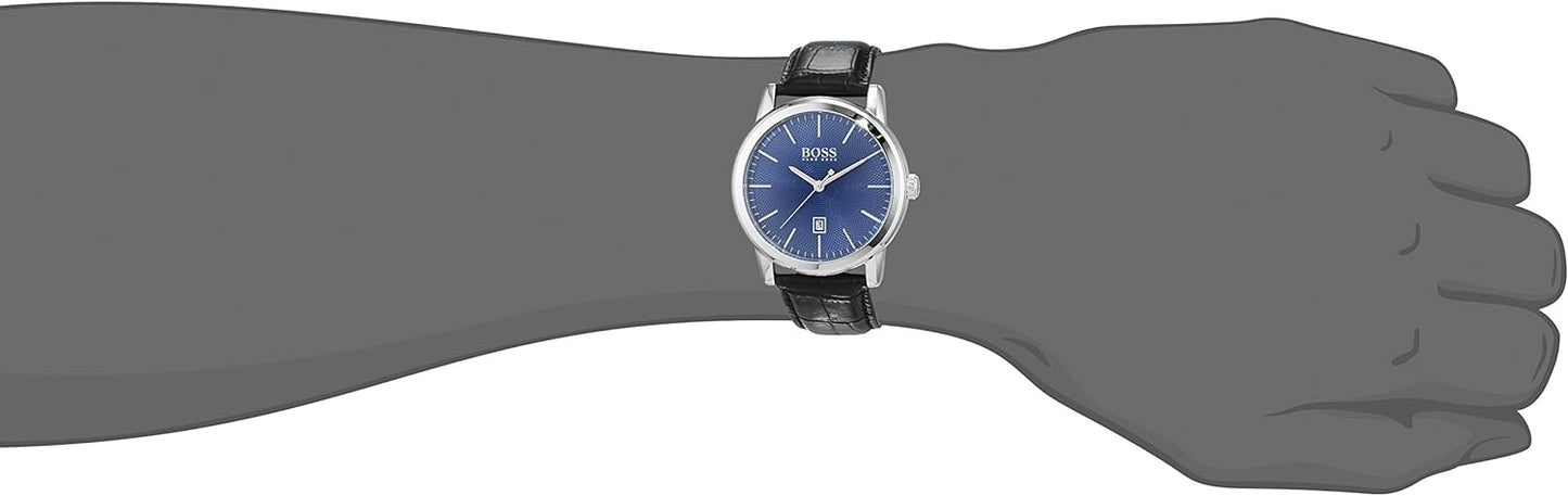 BOSS Analogue Quartz Watch for Men with Black Leather Strap - 1513400, Blue, Fashion