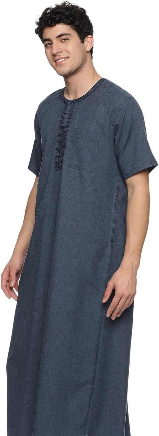 Men's Round Neck Short Sleeves Jalabiya | Breathable Kaftan Style Thobe for Comfort & Elegance