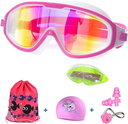 Swim Goggles Kids Set for Boys Girls (3-14),[Wide View Clear Vision Lenses],Swimming Goggles Leak proof Anti Fog UV Protection Soft Silicone Frame Adjustable Strap with earplugs