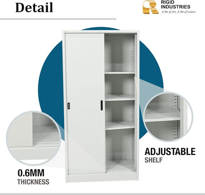 RIGID Steel Cupboard Sliding Door, Steel Filing Cupboard, Cabinet with Shelves Storage (White)