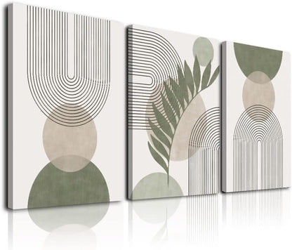 KBKBART Sage Green Boho Wall Art Set of 3, Minimalist Framed Geometric Line Leaf Sun Moon Beige Canvas Artwork Paintings, Abstract Botanical Room Decor, Posters & Prints