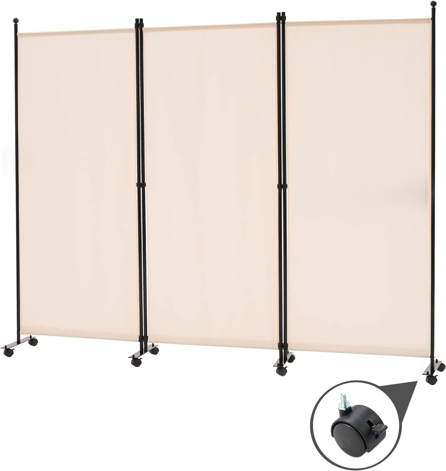 Spurgehom 3 Panel Rolling Room Divider, Folding Partition Privacy Screens, Freestanding Fabric Room Panel, Portable Folding Wall Divider for Office, Room,Restaurant, Hospital (Beige)