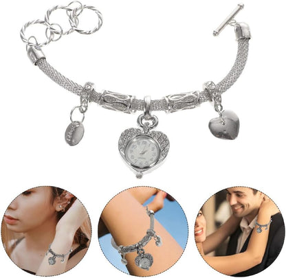 Goodern Heart Bracelet Watch,Ladies Heart Shaped Vintage Bracelet Watch Alloy Charm Bracelets Watch for Bangle Women,Bling Heart Chain Link Bracelet Watch for Women Valentines Gifts Party-Silver