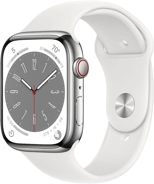 Apple New Apple Watch Series 8 (GPS + Cellular 45mm) Smart watch - Silver Stainless Steel Case with White Sport Band - Regular. Fitness Tracker, Blood Oxygen & ECG Apps, Water Resistant