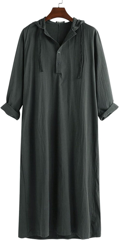 YAOHUOLE Men's Long Sleeve Thobe Drawstring Kaftan Thobe Hoodie with Pockets Long Gown Casual Shirt