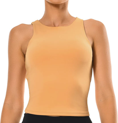 Colorfulkoala Women's High Neck Tank Tops Body Contour Sleeveless Crop Double Lined Yoga Shirts