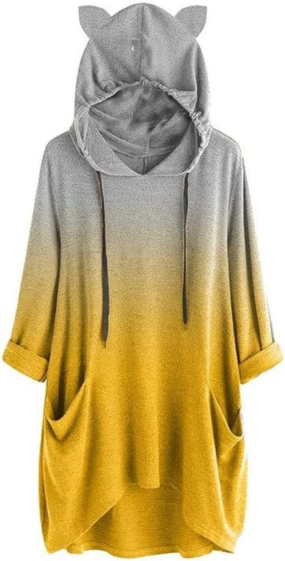 Women Long Sleeve Hoodies Sweatshirt Tops ❀ Ladies Gradient Color Cat Ear Pullover T-shirt Blouse Tunic Tops with Cap