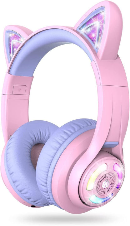 iClever BTH13 Bluetooth Headphones, Cat Ear LED Light Up Wireless Kids Headphones with Volume Limited (74/85/94dB), 45H Playtime, Children Headphones with MIC Over Ear for School/Tablet/PC, Purple