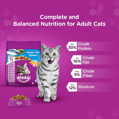 Whiskas Ocean Fish Dry Food, for Adult Cats 1+ Years, Formulated to Help Cats Maintain a Healthy Digestive Tract and Sustain a Healthy Weight, Complete Nutrition & Great Taste, Case of 15x480g