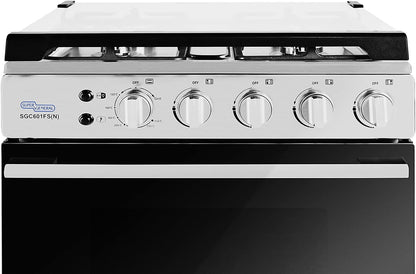 Super General Freestanding Gas-Cooker 4-Burner Full-Safety, Stainless-Steel Cooker, Gas Oven with Rotisserie, Thermostat, Auto-Ignition, Silver, 60 x 60 x 85 cm, SGC-601-FS, 1 Year Warranty