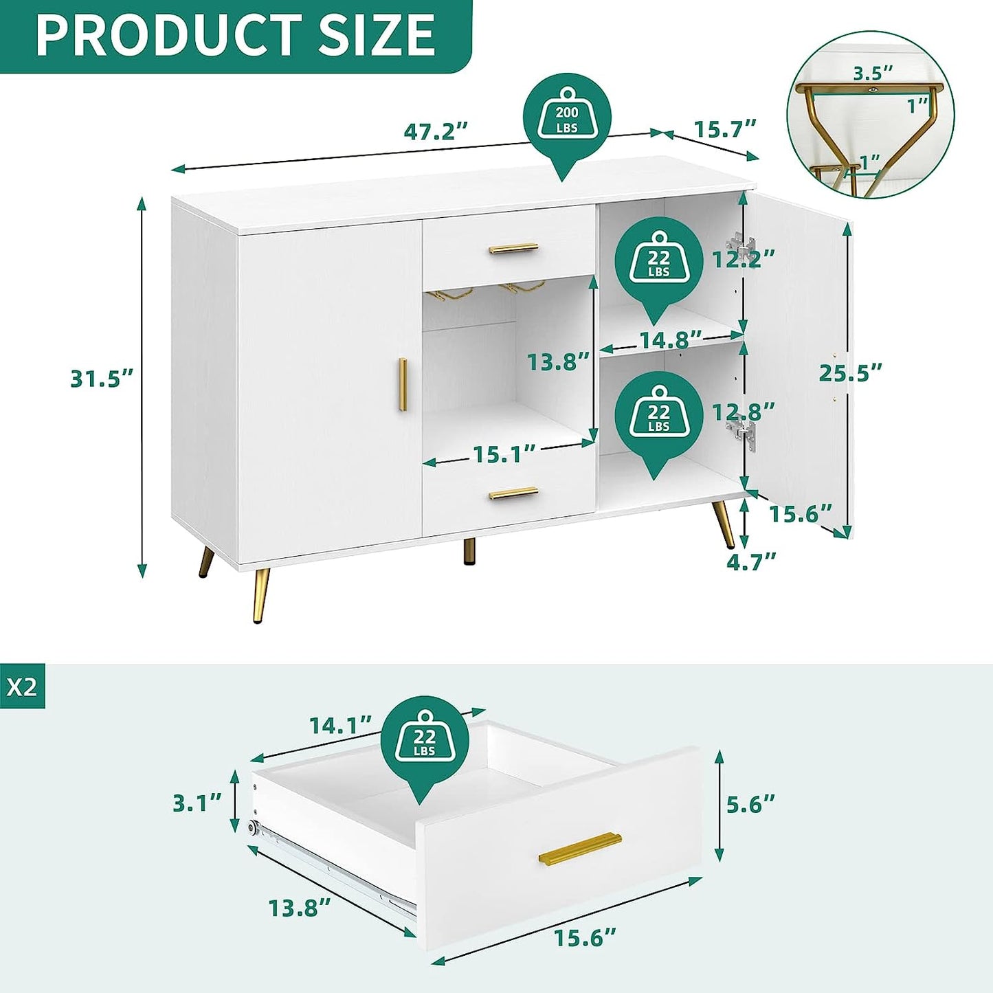 YITAHOME Buffet Cabinet, Sideboard & Buffet with Storage, Credenza with Adjustable Shelf, Wine Glass Holder, Drawers, Modern White & Gold Dresser for Living Room, Kitchen, Dining Room