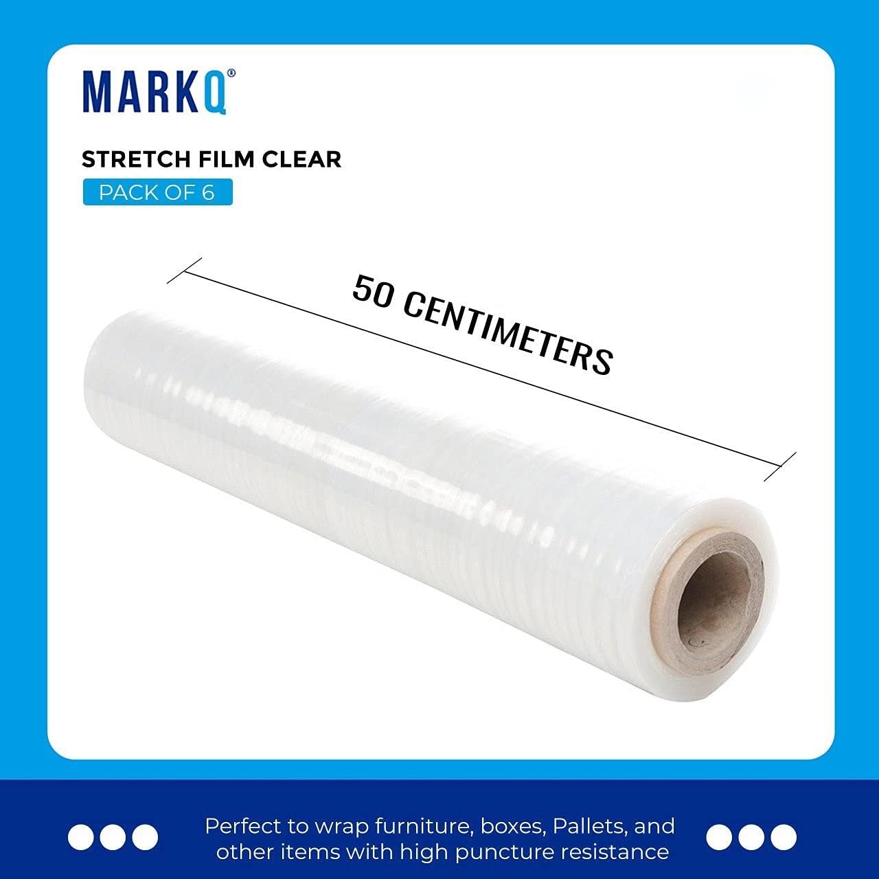 MARKQ [1 Roll] Clear Stretch Film Wrap - 500mm Heavy Duty Plastic Shrink Wrap for Pallet Wrap, Packing, Moving and Packaging - Cling Wrap, 1.20 kg, 400g core