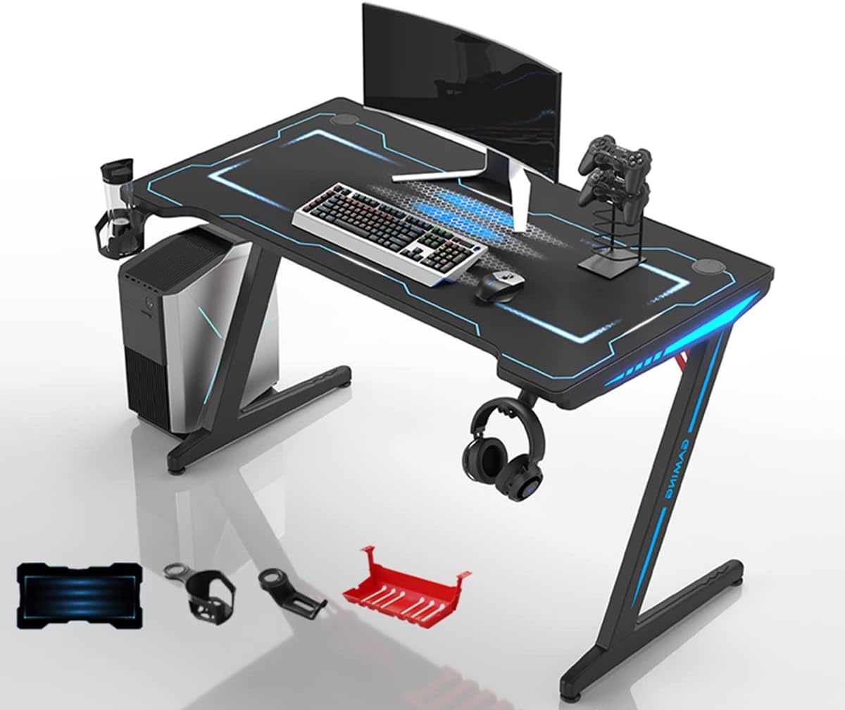 Smilee RGB Gaming Table, Professional Computer Desk with Carbon Fiber Surface, Mouse Pad, Headphone Hook and Cup Holder, 120x60cm