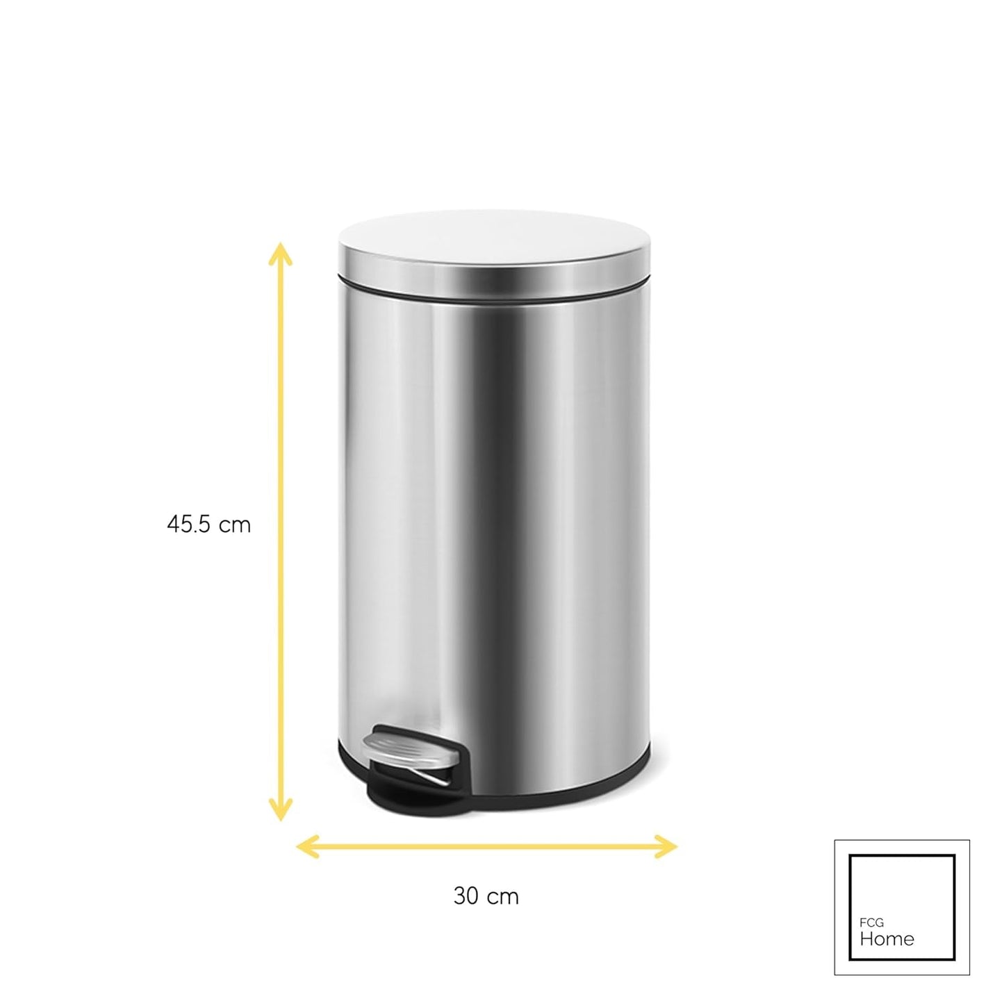 FCG Home - Bin, Classic Round Pedal Trash Can, Hands-Free Ideal For Kitchen, Bathroom, Bedroom, Office, Stainless Steel 30L Grey