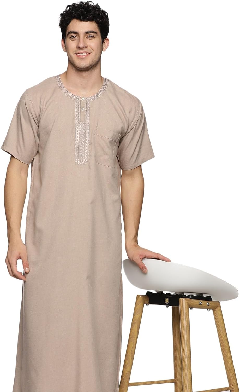 Men's Round Neck Short Sleeves Jalabiya | Breathable Kaftan Style Thobe for Comfort & Elegance