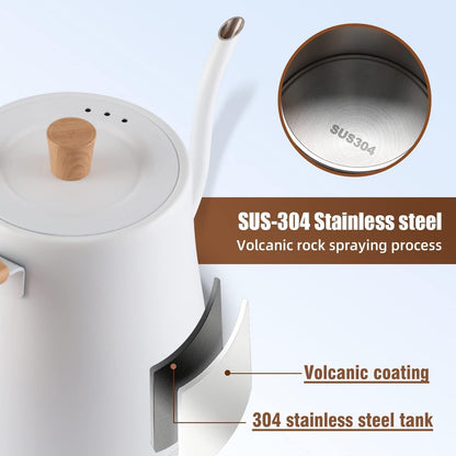 Jorunb Gooseneck Electric Kettle Temperature Control 0.8L, 4 Modes Pour Over Coffee and Tea Kettle Wood Handle, 100% Stainless Steel Inner with Leak Proof Design, 1000W Rapid Heating