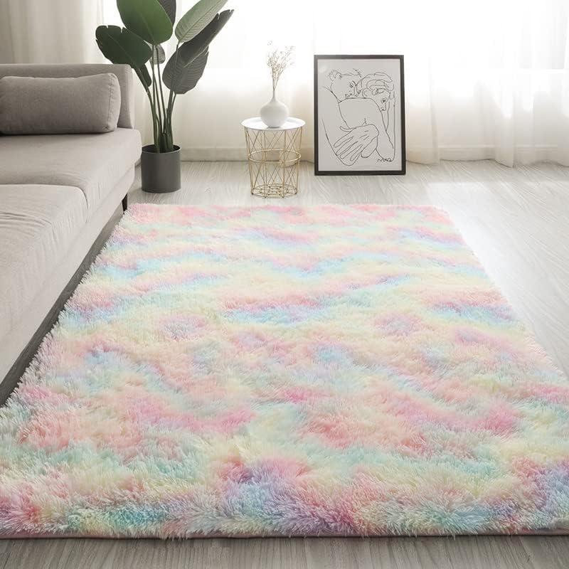 LIMOS Large Area Rugs，Super Soft Fluffy Shaggy Tie Dye Rug，Modern Indoor Shag Fuzzy Carpets for Girls Kids Nursery Room Home Decor (off-white, 140cm x 200cm)