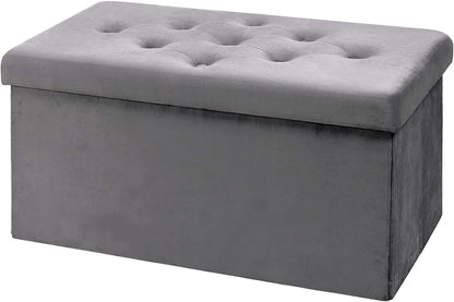 BRIAN & DANY Storage Ottoman Foldable Velvet Footstool Bench with Lid Toy Storage Box, 76 x 38 x 38 cm, Gray