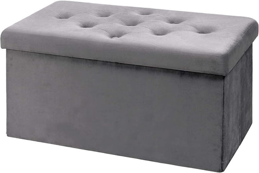 BRIAN & DANY Storage Ottoman Foldable Velvet Footstool Bench with Lid Toy Storage Box, 76 x 38 x 38 cm, Gray