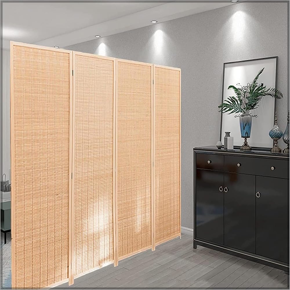 YATAI Wooden Room Dividers and Folding Privacy Screens 4 Panel Foldable Portable Fabric Room Separating Divider, Handwork Wood Mesh Woven Design Room Divider Wall,Fabric Brown Screen.HY230401