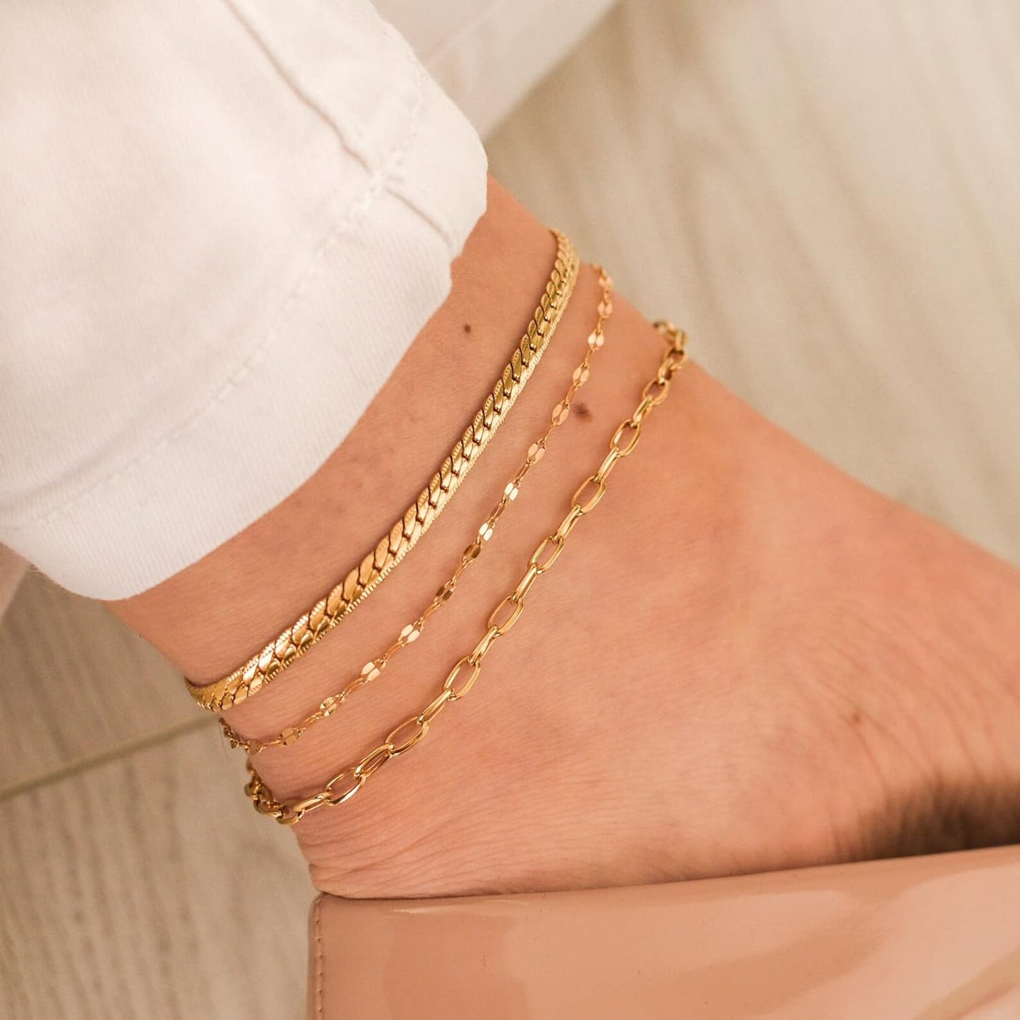 Tasiso Dainty Ankle Bracelets for Women 14K Gold Plated Paper Clip Figaro Satellite Beaded Link Chain Anklets Simple Cuban Lip Chain Anklet Bracelet Summer Beach Foot Jewelry Gift