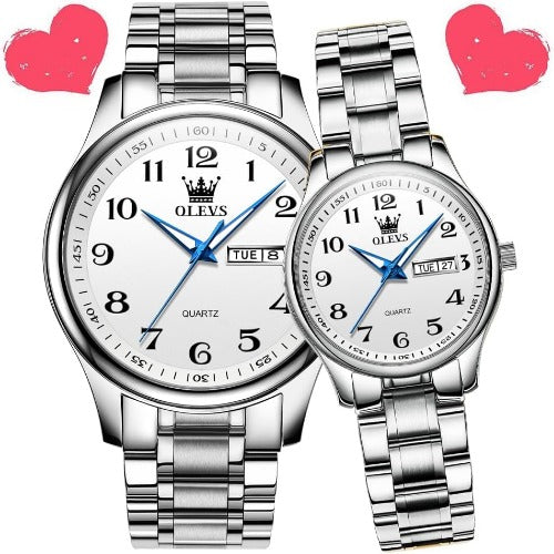 OLEVS His and Her Couple Watches Business Men Women Couple Set Pair Watch Matching Romantic Quartz Stainless Steel Waterproof Date