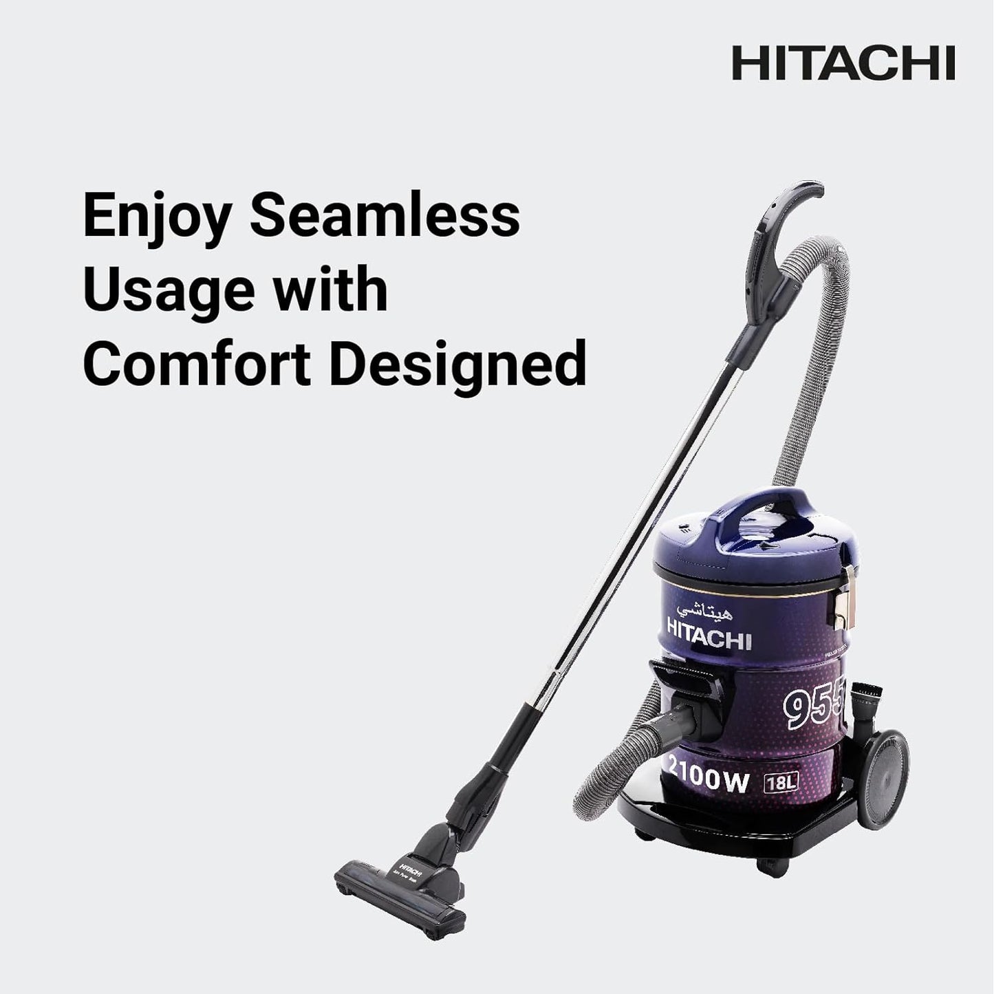 Hitachi Drum Vacuum Cleaner 2100 Watts, 18 Liters Tank Dust Capacity With 7.8M Extra Long Power Code, Removable & Washable Filter, Rug-Floor Nozzle, Best For Home, Office & Mosque, CV950F24CBSWR