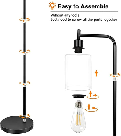 Industrial Floor Lamp, Modern LED Standing Lamps with Hanging Clear Glass Shade, Classic Reading Tall Pole Floor Lamps for Living Room Bedroom Office Study Room Reading