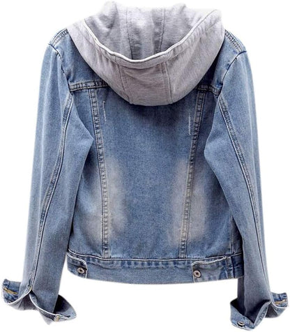 Women Denim Hoodies Coat, Ladies Solid Long Sleeve Button Pocket Jacket Outwear