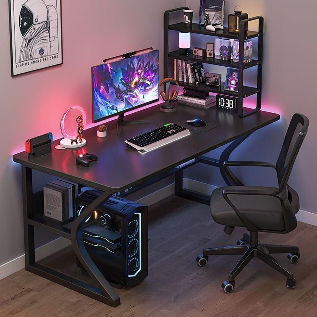 DUSALA Computer desk table home bedroom desk student study table simple storage writing desk Internet celebrity e-sports table 120X60x75 (Black)