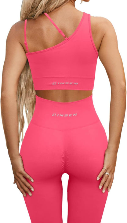 QINSEN Workout Sets for Women Seamless Sports Crop Tops High Waisted Leggings Two Piece Outfits