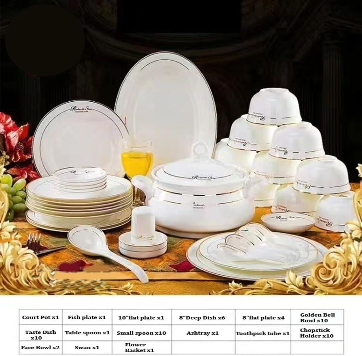 KUTIS 60 Pieces European Style Tableware Plates and Bowls Set Bone China Dinnerware White Ceramic Dinner Set