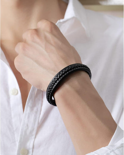 Tomovely 4Pcs Mens Leather Bracelets Black Bracelet Leather for Men Women Steel Magnetic Clasp Braided Cuff Bracelets