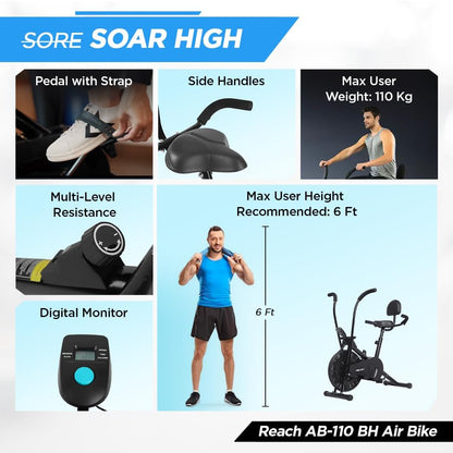 Reach Air Bike Exercise Cycle With Moving Handles & Adjustable Cushioned Seat (No-Cost EMI Available)