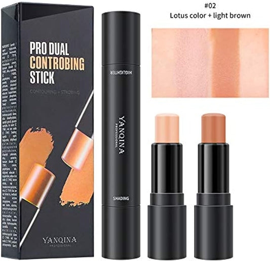 HXMJ 2 in 1 Contour Foundation Stick,Highlighter & Bronzer Pen,Face Brightens & Shades Pencil,Highlighting Shade Concealer Makeup,Highlight Bronzer Shaping Trimming Stick (Lotus+Light Brown)