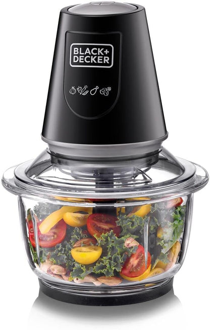 BLACK+DECKER 400W 1.2L Vertical Glass Chopper/Mincer XXL Glass Bowl Capacity With Removable Four Blade System Helps, Chop/Crush Ice/Mince/Grind/Puree Variety Of Ingredients GC400-B5