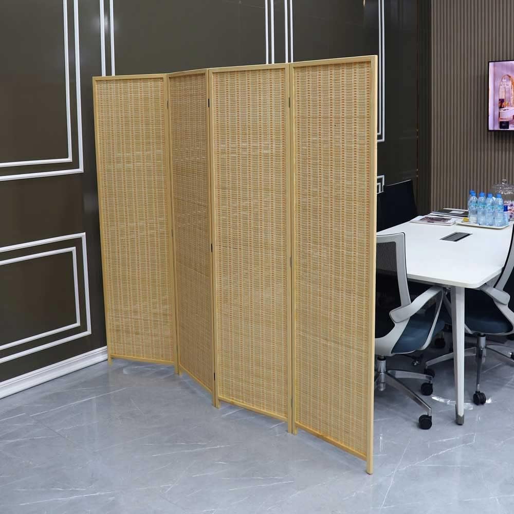 YATAI Wooden Room Dividers and Folding Privacy Screens 4 Panel Foldable Portable Rattan Fabric Room Separating Divider, Handwork Wood Mesh Woven Design Room Divider Wall-Brown Color