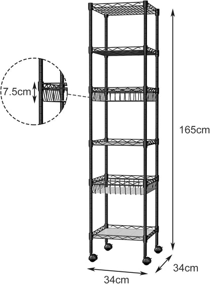 Isyunen 6 Tier Wire Shelving Unit, Isyunen Metal Standing Shelf Units Storage Shelves Rack Adjustable Heavy Duty Shelving Rack with Baskets for Kitchen Bathroom Laundry, Black