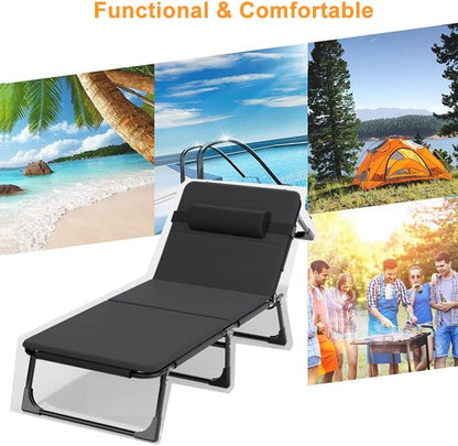 Adjustable Reclining Patio Chair with Cushion,Oversized Lounge Chair for Outside with Headrest,Folding Camping Chair for Outside Garden,Lawn,Beach,Black