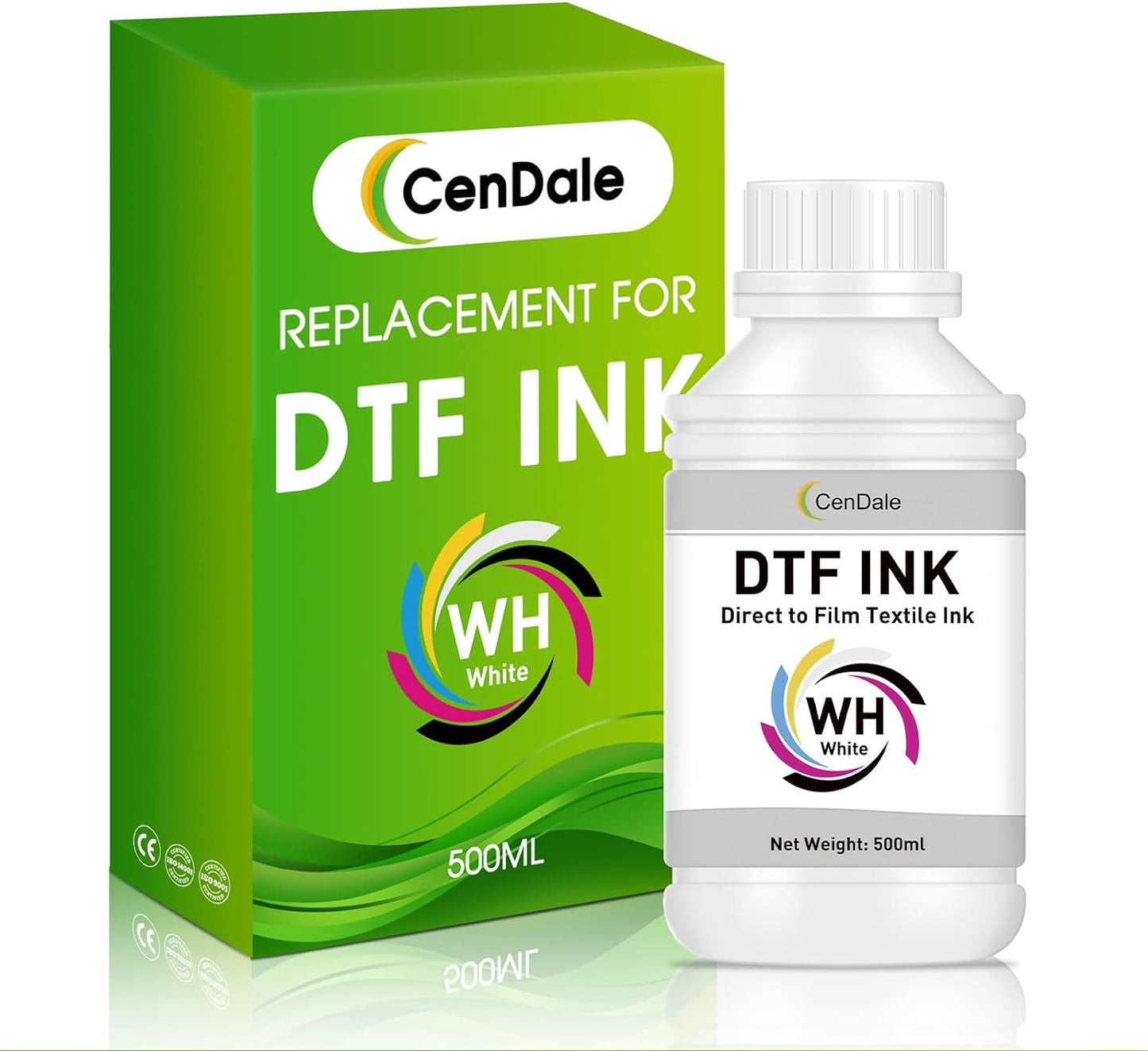 CenDale Premium DTF Ink 600ML- DTF Transfer Ink for PET Film, Refill for DTF Printers Epson ET-8550, XP-15000, L1800, L805, R1390, R2400, Heat Transfer Printing Direct to Film (100ml x 6, CMYK Wh)