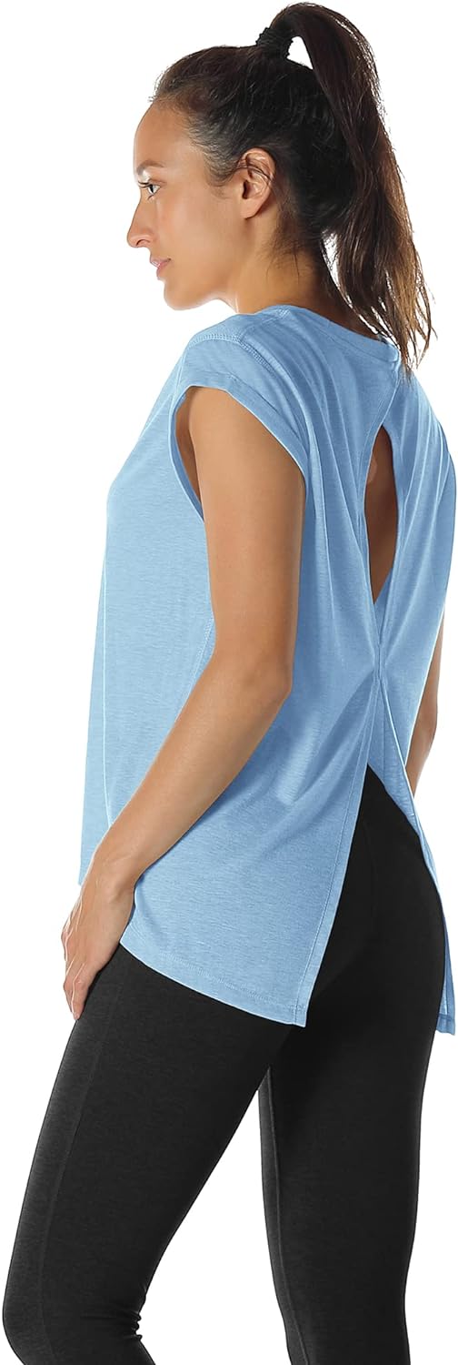 icyzone Open Back Workout Top Shirts - Yoga t-Shirts Activewear Exercise Tops for Women(Pack of 2)